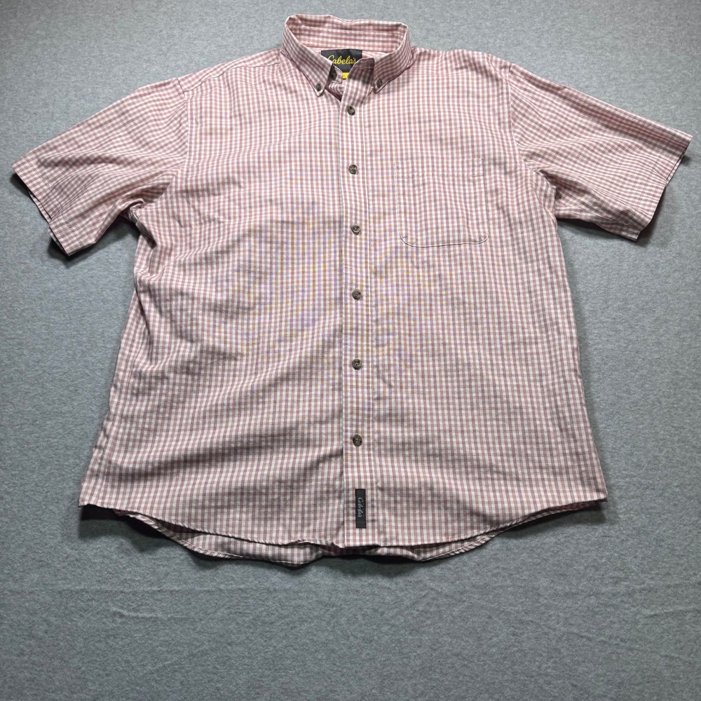 Cabelas Mens Large Short Sleeve Button Down Shirt Red White Gingham Cotton L